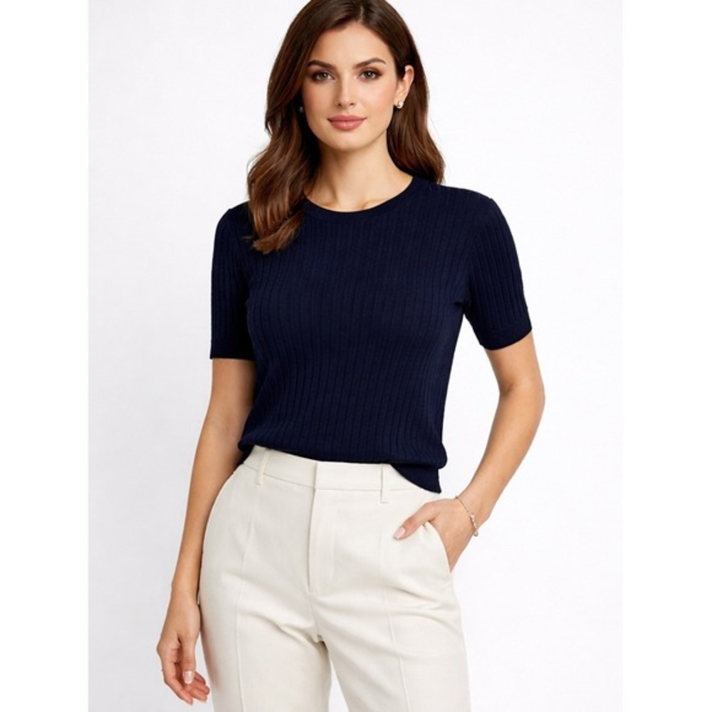 Evolution by Cyrus Ella Ribbed Sweater‎ Tee Women Large Navy NWT